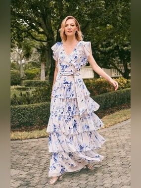 Ralph Lauren Floral Georgette Tiered Gown Size 8 Belted Maxi Dress